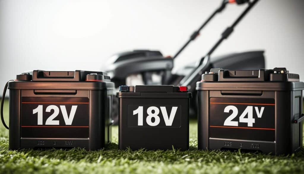 A well-lit, detailed comparison of lawn mower battery voltages, showcasing different battery types side-by-side. In the foreground, three batteries - 12V, 18V, and 24V - are displayed prominently, allowing for a clear visual assessment of their voltage differences. The middle ground features a sleek, modern lawn mower, hinting at the power these batteries provide. The background is a clean, minimalist space, allowing the batteries and lawn mower to take center stage. The image is captured at a slight angle, creating depth and emphasizing the technical nature of the subject. Overall, the scene conveys a sense of precision, highlighting the importance of understanding lawn mower battery voltages.
