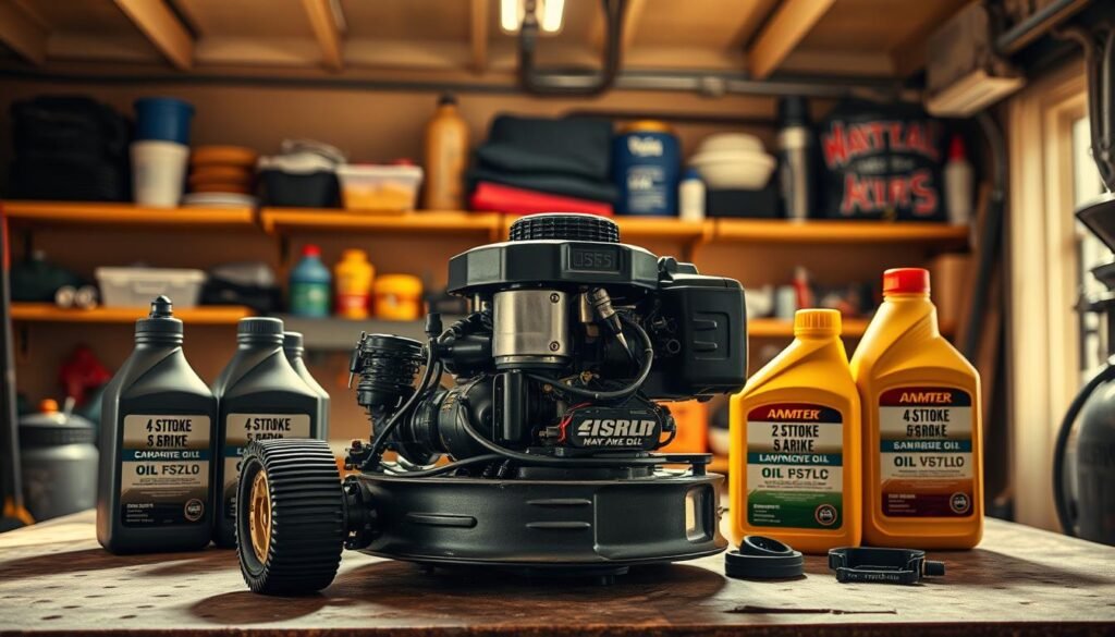 A well-lit garage interior, with a workbench displaying an array of lawn mower oils in various containers. In the foreground, a medium-sized lawn mower engine sits disassembled, revealing its inner components. Surrounding the engine are several labeled bottles of 4-stroke and 2-stroke lawn mower oils, each with their own viscosity and additive specifications. The lighting casts warm, natural shadows, highlighting the textures and details of the engine parts and oil containers. The overall atmosphere conveys a sense of thoughtful consideration and DIY expertise as the viewer contemplates the optimal oil choice for their lawn mower.