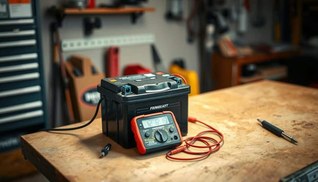 A well-lit workbench with a lawn mower battery and a multimeter at the center. The battery is positioned prominently, with the multimeter probes making contact to measure the voltage. The background has a neutral tone, with just enough details to suggest a professional workshop setting. Soft shadows and highlights create depth and emphasize the technical nature of the scene. The overall mood is one of precision and focus, reflecting the importance of proper battery maintenance for optimal lawn mower performance.