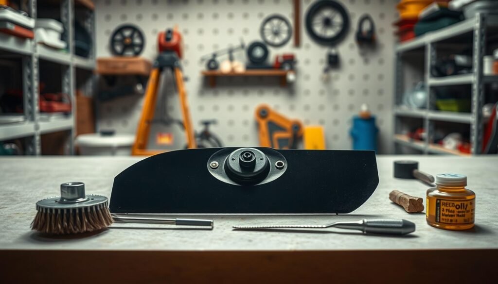 A well-lit workshop setting, with a mower blade positioned prominently on a clean workbench. The blade is surrounded by various maintenance tools, including a sharpening file, a wire brush, and a small container of oil. The lighting is soft and diffused, creating a sense of focus and attention to detail. In the background, shelves hold other mower parts and accessories, hinting at the broader context of lawn care and maintenance. The overall composition conveys a sense of care, expertise, and the importance of proper blade maintenance for optimal lawn performance.