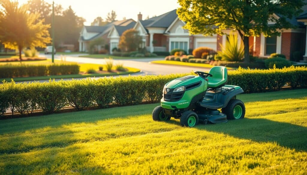 A well-manicured residential lawn, with a riding lawn mower cutting the grass in the foreground. The mower is a modern, sleek design with a bright green color scheme. In the middle ground, a neatly trimmed hedge lines the property, casting soft shadows. The background features a picturesque suburban neighborhood, with well-kept homes and lush, vibrant greenery. The scene is bathed in warm, golden afternoon sunlight, creating a serene, inviting atmosphere. The overall composition conveys a sense of professionalism, attention to detail, and the high-quality services offered by a lawn mowing business.
