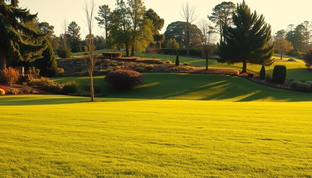 An expansive outdoor scene with a lush, rolling lawn as the focal point. In the foreground, the terrain is smooth and even, well-suited for a standard push mower. In the middle ground, the lawn transitions to slightly more uneven, hilly terrain, requiring consideration of a mower's power and maneuverability. The background showcases a variety of trees, bushes, and landscaping elements, creating visual interest and depth. The scene is bathed in warm, golden afternoon light, casting long shadows and highlighting the texture of the grass. The overall mood is one of tranquility and natural beauty, inviting the viewer to envision the practical factors involved in selecting the perfect lawn mower for this type of yard.