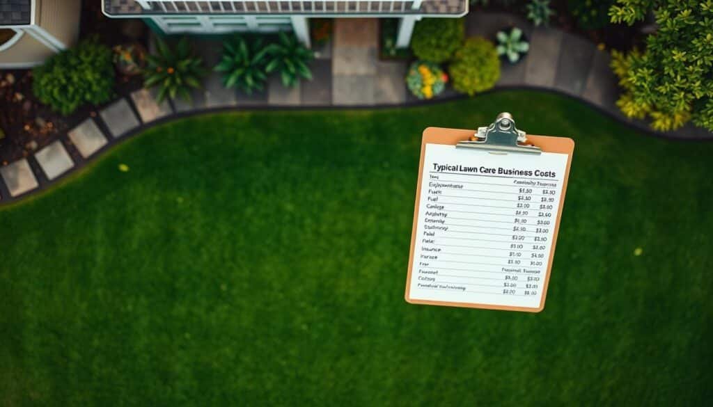 An overhead view of a home lawn with detailed line items for typical lawn care business costs, such as equipment maintenance, fuel, labor, and insurance, displayed on a clipboard or spreadsheet. The background should have a clean, professional atmosphere with soft, even lighting to emphasize the financial aspects. The composition should be balanced and the perspective should provide a clear, legible display of the cost information. The overall mood should convey a sense of organization, efficiency, and attention to detail in running a successful lawn care business.
