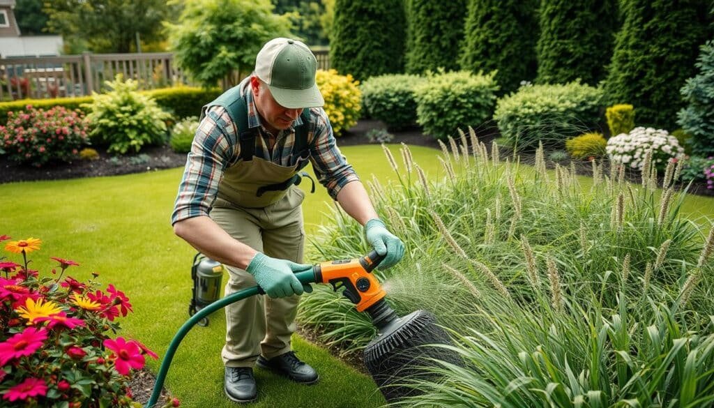 Create an image of a lawn care professional offering additional services like fertilization and pruning.