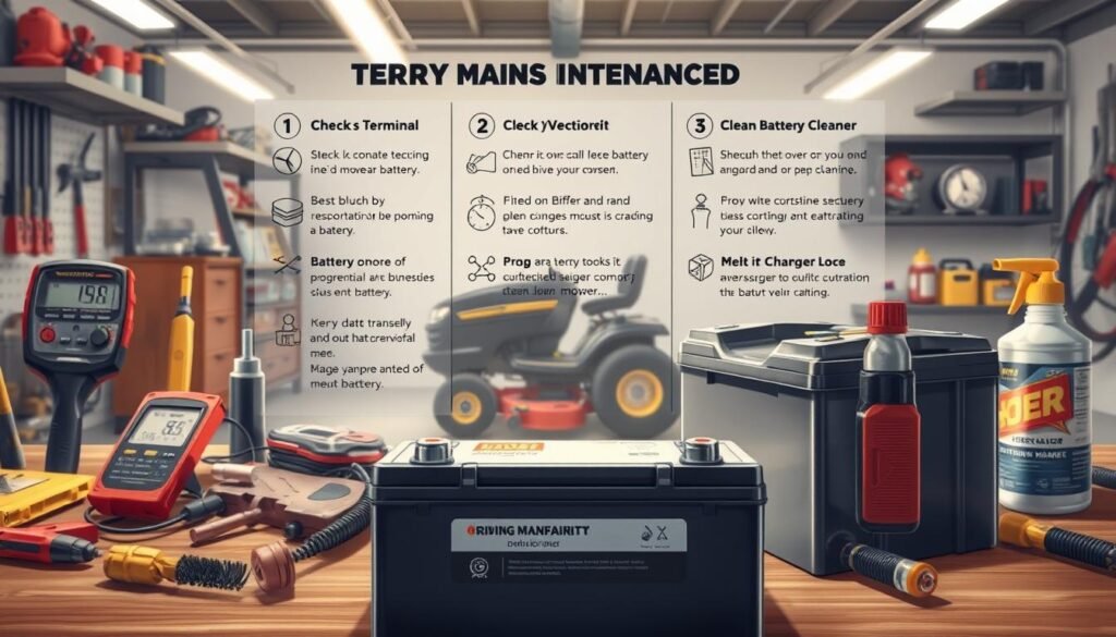 Detailed battery maintenance tips in a well-lit, technical illustration. A riding lawn mower battery in the foreground, surrounded by maintenance tools like a voltmeter, wire brush, and battery cleaner. In the middle ground, step-by-step instructions for checking terminals, cleaning corrosion, and proper charging. The background depicts a clean, organized workbench with a riding mower in the distance, conveying a sense of DIY practicality. Rendered in a realistic, engineering-inspired style with emphasis on precise details and functionality.