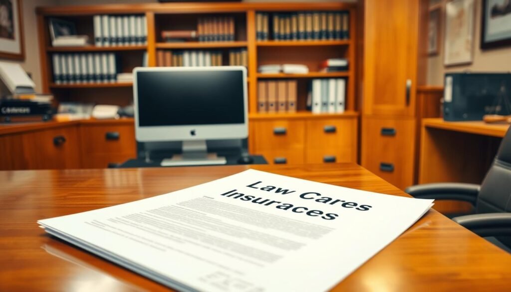 Detailed office interior with wooden desk, computer, and filing cabinets. Warm lighting illuminates a neatly organized space, with a large insurance policy document visible on the desk. The policy cover features a prominent "Lawn Care Business Insurance" title. Shelves in the background display relevant legal documents and industry-specific resources. A sense of professionalism and attention to detail pervades the scene, conveying the importance of comprehensive insurance coverage for lawn care businesses.