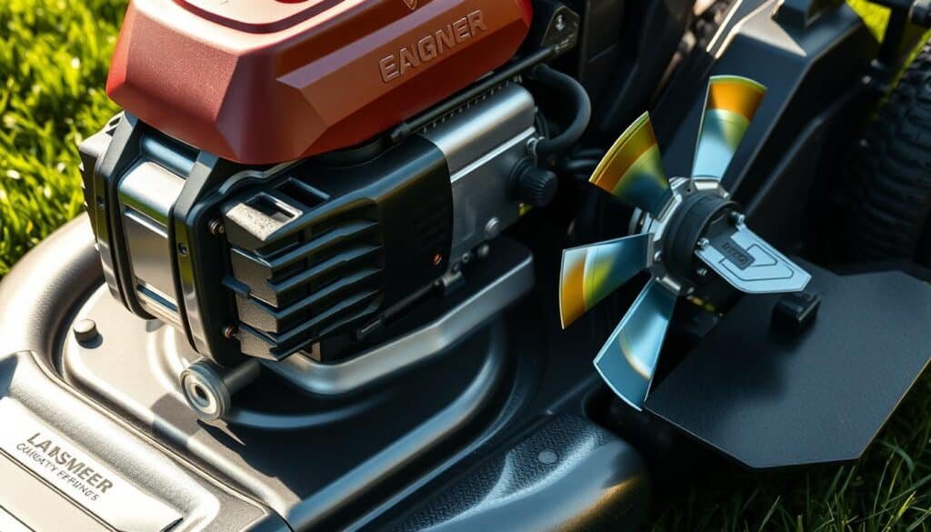 Detailed, technical rendering of a powerful lawn mower engine and cutting deck features. The engine is prominently displayed, its intricate components and metallic texture clearly visible under crisp lighting. The cutting deck extends from the side, its blades gleaming as they spin, radiating a sense of efficiency and precision. The composition emphasizes the engineering prowess and robust capabilities of the mower, capturing its potential to deliver an optimal mowing experience. Subtle hints of the surrounding environment, such as a lush green lawn, provide context without distracting from the main subject. The overall mood is one of purposeful utility, highlighting the mower's ability to maximize mowing productivity. Detailed, technical rendering of a powerful lawn mower engine and cutting deck features. The engine is prominently displayed, its intricate components and metallic texture clearly visible under crisp lighting. The cutting deck extends from the side, its blades gleaming as they spin, radiating a sense of efficiency and precision. The composition emphasizes the engineering prowess and robust capabilities of the mower, capturing its potential to deliver an optimal mowing experience. Subtle hints of the surrounding environment, such as a lush green lawn, provide context without distracting from the main subject. The overall mood is one of purposeful utility, highlighting the mower's ability to maximize mowing productivity.