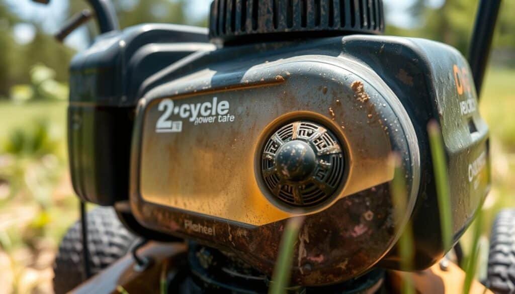 Image of a 2-cycle lawn mower gas tank with oil Image of a 2-cycle lawn mower gas tank with oil