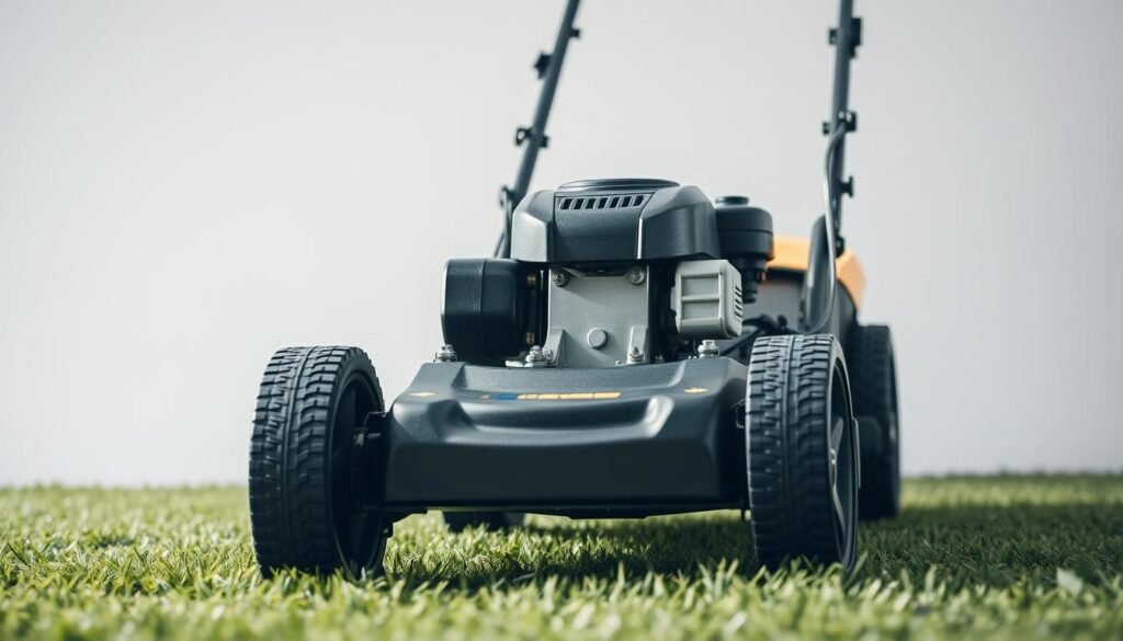 a detailed close-up view of a push lawn mower, centered and occupying the frame, capturing the key features in sharp focus and high resolution. the mower is shown against a plain, uncluttered background, with soft, natural lighting illuminating the components. in the foreground, the mower's sturdy steel deck and large rear wheels are prominently displayed, highlighting the durable construction. the mid-ground showcases the easy-grip handle, adjustable height settings, and the powerful gas-powered engine. the background subtly suggests a well-manicured lawn, complementing the mower's purpose. the overall composition and aesthetic convey the reliability and functionality of a high-quality push lawn mower.