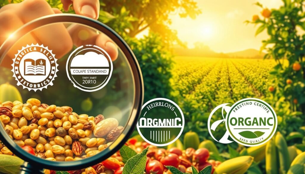 A beautifully detailed illustration of organic certification and seed quality standards. In the foreground, a magnifying glass inspects the intricate textures of heirloom seeds, their vibrant colors and patterns. In the middle ground, official organic seals and certifications shine against a backdrop of lush, verdant foliage. In the distant background, a sun-dappled field of thriving crops conveys a sense of natural abundance and environmental harmony. Warm, golden lighting casts a soft, inviting glow over the scene, creating an atmosphere of trust, quality, and sustainability.