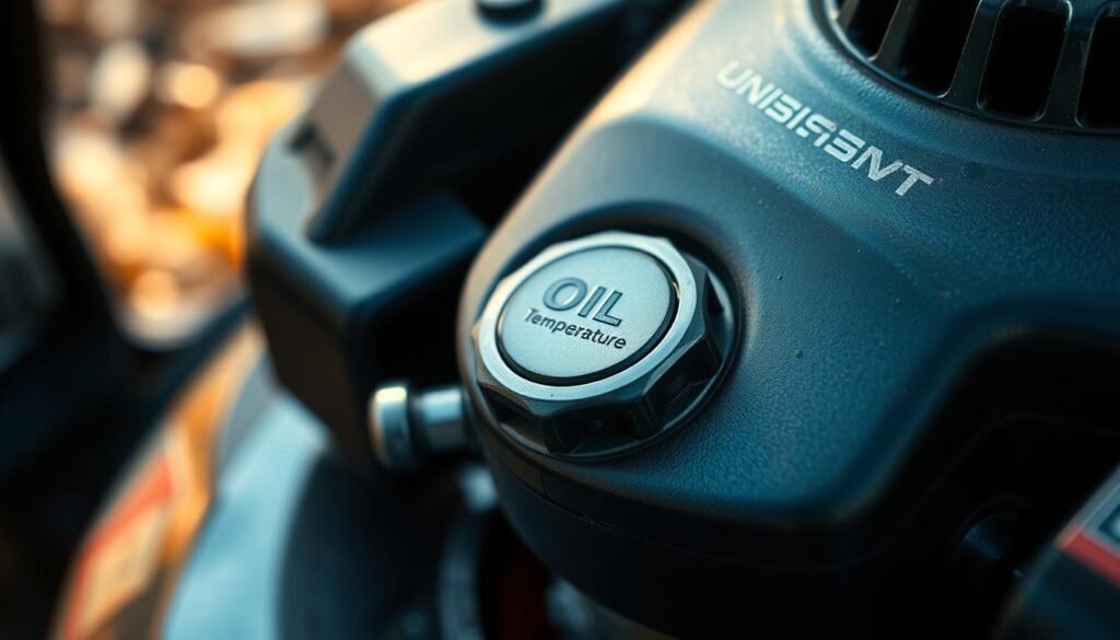 A close-up view of a lawn mower engine, the focus resting on the oil fill cap and dipstick. The lighting is soft and natural, creating an ambient, informative atmosphere. The surroundings are slightly blurred, drawing the viewer's attention to the technical details of the engine components. Subtle reflections on the metal surfaces add depth and realism. The overall composition suggests the importance of proper oil temperature monitoring and maintenance for optimal lawn mower performance and longevity.