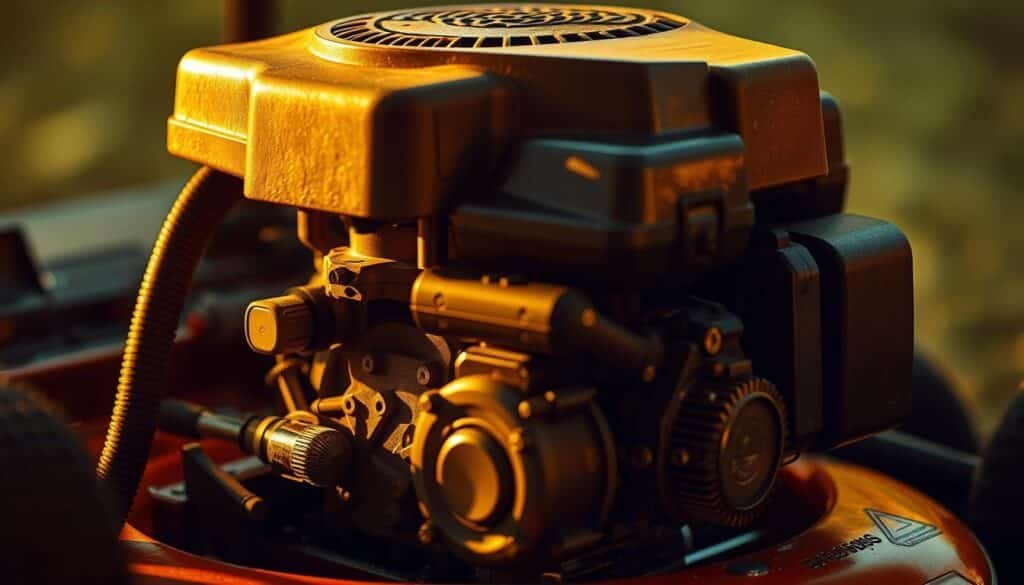 A close-up view of a well-maintained lawn mower engine, illuminated by warm, directional lighting that casts dramatic shadows. The engine components are meticulously detailed, showcasing the intricate gears, pistons, and fuel system. The background is blurred, allowing the viewer to focus on the technical complexity of the engine. The overall scene conveys a sense of precision, care, and the importance of proper maintenance for optimal lawn mower performance.