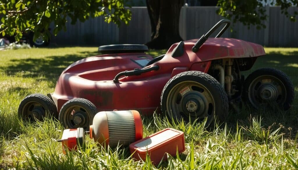 A faded red lawn mower with worn tires sits in a grassy backyard. Sunlight filters through the leaves of a nearby tree, casting dappled shadows across the mower's weathered exterior. On the ground beside the mower, a fuel canister and a dirty air filter lie discarded, hinting at the engine's recent struggles. The scene conveys a sense of frustration and the need for maintenance, setting the stage for the "Common Fuel and Air Issues" section of the article.