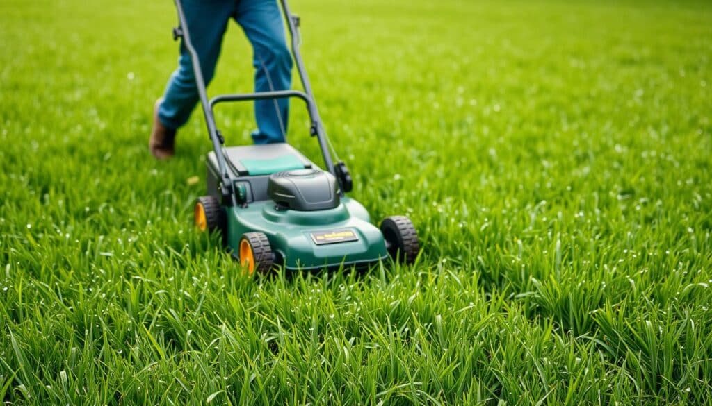 A lush, verdant lawn gently glistens with morning dew, its blades slightly bowed under the weight of moisture. In the foreground, a seasoned gardener carefully maneuvers a well-maintained lawn mower, its blades slicing through the damp grass with precision. The middle ground showcases the meticulous technique, with the mower's wheels leaving a neatly striped pattern in its wake. In the background, a soft, overcast sky provides diffused lighting, creating an even, shadowless illumination that enhances the vibrant hues of the lawn. The overall atmosphere conveys a sense of diligence and attention to detail, as the gardener navigates the challenges of mowing wet grass with expertise. A lush, verdant lawn gently glistens with morning dew, its blades slightly bowed under the weight of moisture. In the foreground, a seasoned gardener carefully maneuvers a well-maintained lawn mower, its blades slicing through the damp grass with precision. The middle ground showcases the meticulous technique, with the mower's wheels leaving a neatly striped pattern in its wake. In the background, a soft, overcast sky provides diffused lighting, creating an even, shadowless illumination that enhances the vibrant hues of the lawn. The overall atmosphere conveys a sense of diligence and attention to detail, as the gardener navigates the challenges of mowing wet grass with expertise.
