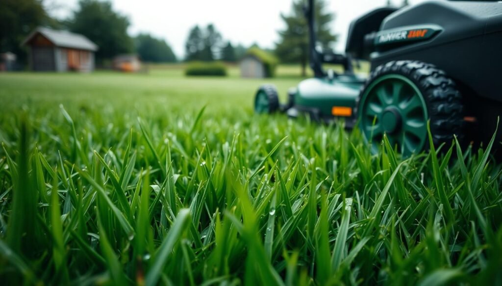 A lush, verdant lawn on a cloudy, overcast day. In the foreground, a close-up view of freshly mowed grass glistening with dew, the blades slightly flattened. In the middle ground, a lawn mower with its blades raised, showcasing the proper technique for mowing wet grass - slow, deliberate passes to avoid clumping and rutting. In the background, a gardening shed and a few trees, creating a serene, pastoral scene. The lighting is soft and diffused, adding to the tranquil atmosphere. The overall composition emphasizes the expert guidelines for safely and effectively mowing wet grass. A lush, verdant lawn on a cloudy, overcast day. In the foreground, a close-up view of freshly mowed grass glistening with dew, the blades slightly flattened. In the middle ground, a lawn mower with its blades raised, showcasing the proper technique for mowing wet grass - slow, deliberate passes to avoid clumping and rutting. In the background, a gardening shed and a few trees, creating a serene, pastoral scene. The lighting is soft and diffused, adding to the tranquil atmosphere. The overall composition emphasizes the expert guidelines for safely and effectively mowing wet grass.