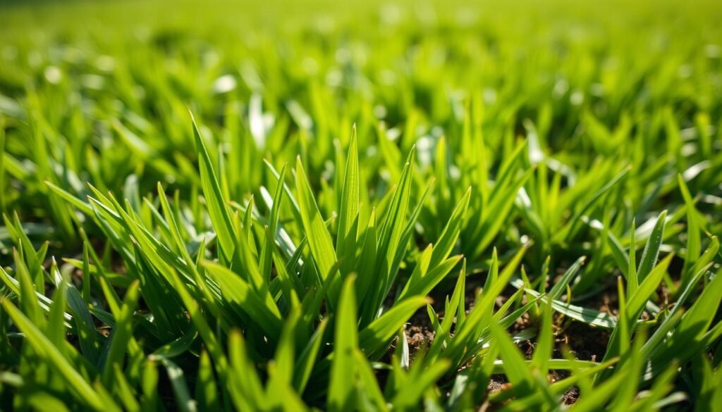 A lush, verdant lawn with emerging grass blades, capturing the early stages of new growth. A close-up view showcases the delicate, vibrant green leaves, their tips just starting to peek through the soil. The lighting is soft and natural, casting gentle shadows that accentuate the textures and contours of the grass. The depth of field is shallow, drawing the viewer's attention to the foreground while the background blurs into a harmonious, out-of-focus greenery. An overall sense of freshness and vitality permeates the scene, inviting the observer to appreciate the subtle signs that signal when a new lawn is ready for its first trim.