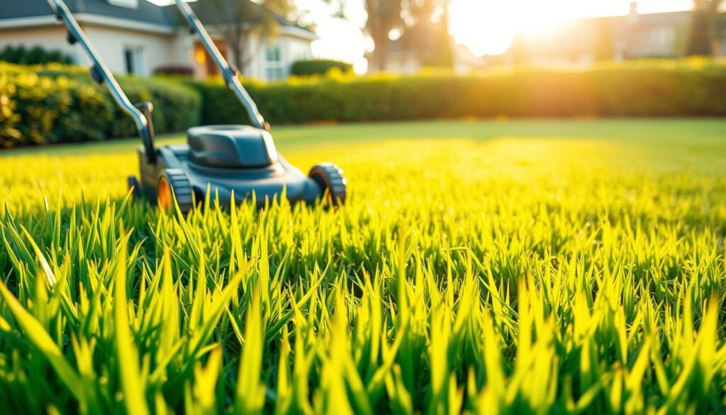 A lush, well-manicured lawn with vibrant green grass, freshly mowed and ready for weed and feed application. In the foreground, a close-up of the crisp, even grass blades, their tips gently swaying in a warm, golden evening light. In the middle ground, a push mower with shiny chrome details, its blades creating a striped pattern across the lawn. In the background, a picturesque suburban scene with neatly trimmed hedges and a few shade trees, creating a serene and inviting atmosphere. The overall scene conveys the benefits of mowing before weed and feed - a clean, unified surface that will allow for effective and efficient application of the lawn treatment. A lush, well-manicured lawn with vibrant green grass, freshly mowed and ready for weed and feed application. In the foreground, a close-up of the crisp, even grass blades, their tips gently swaying in a warm, golden evening light. In the middle ground, a push mower with shiny chrome details, its blades creating a striped pattern across the lawn. In the background, a picturesque suburban scene with neatly trimmed hedges and a few shade trees, creating a serene and inviting atmosphere. The overall scene conveys the benefits of mowing before weed and feed - a clean, unified surface that will allow for effective and efficient application of the lawn treatment.
