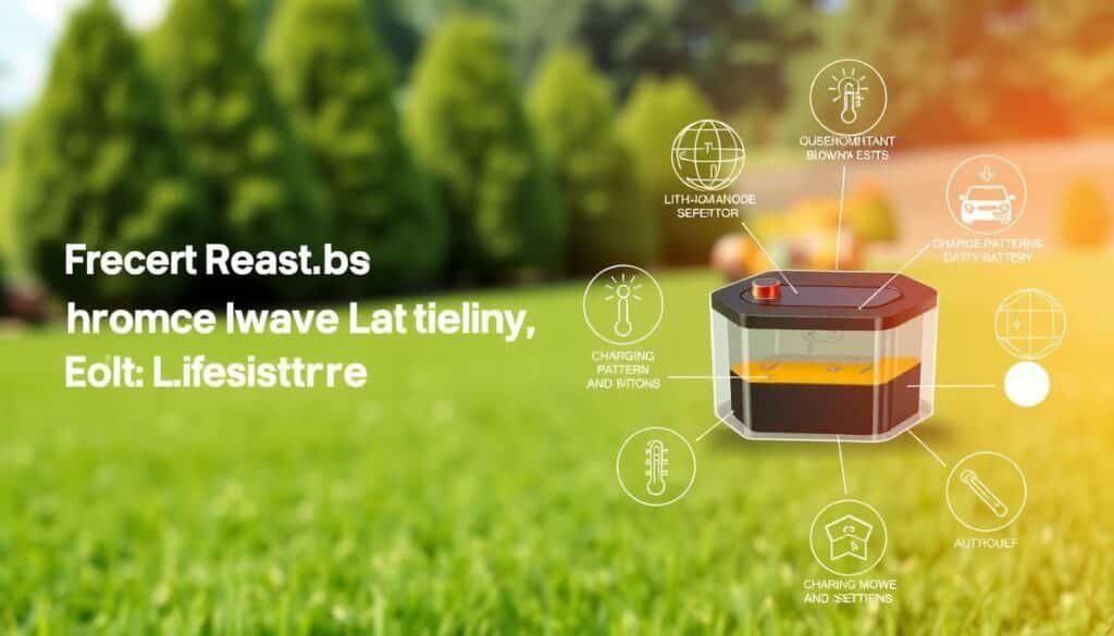 A meticulously designed, high-resolution image depicting the key factors influencing a mower battery's lifespan. In the foreground, a detailed cross-section of a lithium-ion battery showcases its internal components - the anode, cathode, electrolyte, and separator. Surrounding this, a series of abstract icons and infographic elements illustrate the various environmental, usage, and maintenance factors that contribute to battery longevity, such as temperature, charging patterns, and storage conditions. The background features a softly blurred landscape of a well-manicured lawn, hinting at the real-world application of the mower and its power source. The overall aesthetic is clean, technical, and visually engaging, designed to educate and inform the reader about the complexities of battery lifespan.