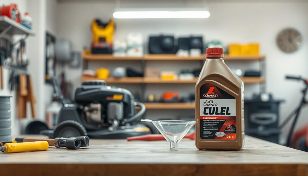 A neatly organized workbench with an array of tools and a lawn mower engine in the foreground. In the middle ground, a bottle of high-quality lawn mower oil and a funnel. The background features a well-lit, clean garage space with shelves of automotive supplies. The lighting is soft and diffused, creating an atmosphere of focused, meticulous maintenance. The composition emphasizes the importance of proper oil change procedures to ensure the reliable performance and longevity of the lawn mower engine. A neatly organized workbench with an array of tools and a lawn mower engine in the foreground. In the middle ground, a bottle of high-quality lawn mower oil and a funnel. The background features a well-lit, clean garage space with shelves of automotive supplies. The lighting is soft and diffused, creating an atmosphere of focused, meticulous maintenance. The composition emphasizes the importance of proper oil change procedures to ensure the reliable performance and longevity of the lawn mower engine.