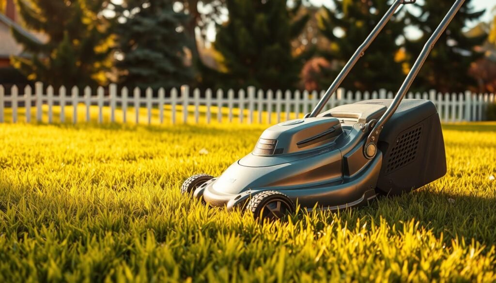 A residential lawn mower in a well-manicured backyard, its metallic body glistening in the warm, golden sunlight. The grass is a lush, verdant carpet, meticulously trimmed to an even height. In the background, a picket fence and a row of tall, swaying trees create a peaceful, suburban setting. The mower's blades spin effortlessly, leaving behind a neatly striped pattern on the lawn. The scene conveys a sense of tranquility and the satisfaction of a job well done, reflecting the long, reliable lifespan of a trusty residential lawn mower.