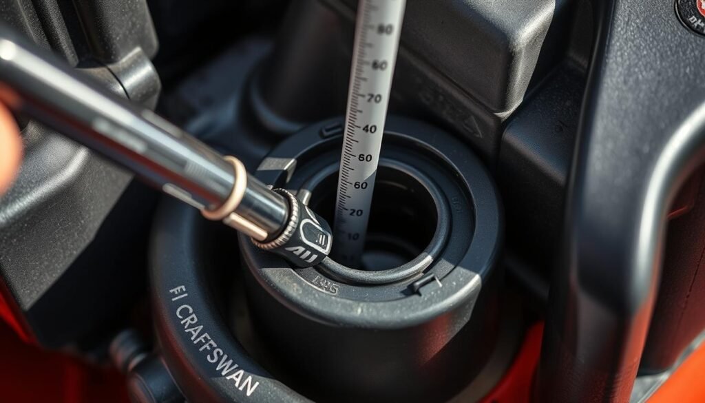 A well-lit, close-up photograph of an engine oil dipstick being inserted into an open engine oil fill port on a Craftsman lawn mower. The dipstick has markings indicating the minimum and maximum oil levels. The surrounding area shows the metal engine components and the plastic housing of the lawn mower, creating a detailed, technical composition. The lighting is bright and directional, casting shadows that highlight the textures and contours of the engine parts. The depth of field is shallow, keeping the dipstick and oil fill port in sharp focus while softening the background. The overall mood is one of precision and functionality, conveying the importance of proper engine oil maintenance for a Craftsman lawn mower.