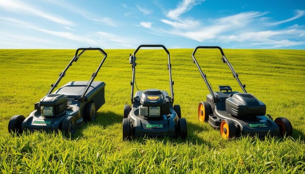 A well-lit, detailed comparison of three popular lawn mower models, showcased on a grassy field. The foreground features the models side-by-side, their features and specifications clearly visible. The middle ground includes a lush, verdant lawn with meticulously trimmed grass, inviting the viewer to imagine the mowers in action. In the background, a serene, sunlit sky with wispy clouds completes the idyllic outdoor setting. The overall mood is one of thoughtful consideration, with the models presented in a clean, informative manner to assist the viewer in making an informed decision.
