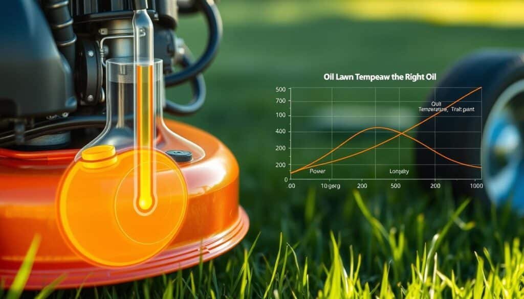 A well-lit, detailed diagram showcasing the relationship between lawn mower oil temperature and engine performance. The foreground features a cross-section of a lawn mower engine, meticulously illustrating the oil flow path and temperature sensors. The middle ground displays a line graph plotting oil temperature against engine power output, efficiency, and longevity. The background subtly suggests a grassy, outdoor setting, emphasizing the real-world application of this information. Rendered with a technical, yet aesthetically pleasing style, this image aims to educate and inform readers about the importance of using the right oil for optimal lawn mower performance. A well-lit, detailed diagram showcasing the relationship between lawn mower oil temperature and engine performance. The foreground features a cross-section of a lawn mower engine, meticulously illustrating the oil flow path and temperature sensors. The middle ground displays a line graph plotting oil temperature against engine power output, efficiency, and longevity. The background subtly suggests a grassy, outdoor setting, emphasizing the real-world application of this information. Rendered with a technical, yet aesthetically pleasing style, this image aims to educate and inform readers about the importance of using the right oil for optimal lawn mower performance.