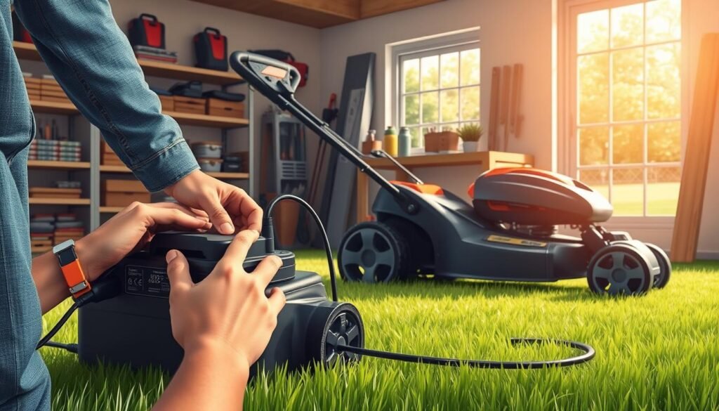A well-lit, detailed illustration showcasing smart battery charging practices for a lawnmower. In the foreground, a person carefully connects the mower's battery to a high-efficiency charger, their hands demonstrating the proper technique. In the middle ground, the mower itself stands prominently, its sleek design and clean lines hinting at optimal performance. The background features a neatly organized workshop, complete with shelves of tools and a window overlooking a well-tended lawn, conveying a sense of order and diligence. The overall scene radiates a calm, professional atmosphere, emphasizing the importance of attentive battery maintenance for reliable mower operation.
