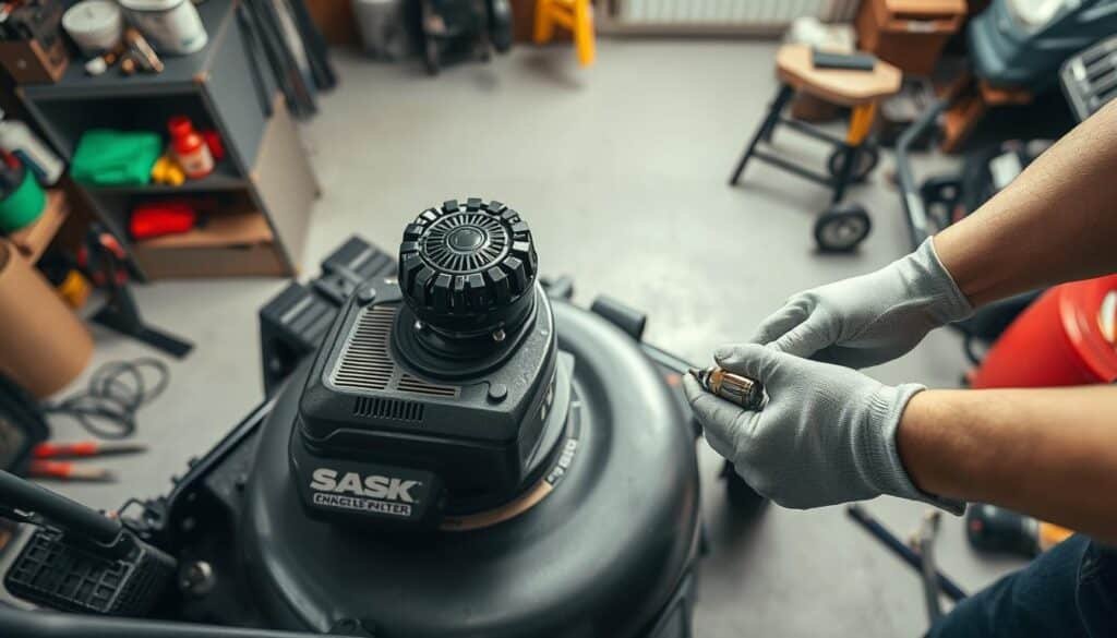 A well-lit, high-angle view of a lawn mower undergoing maintenance. The mower is positioned on a clean, organized workbench, with various tools and supplies neatly arranged around it. The foreground shows the mower's engine and deck, with the blade and air filter exposed for inspection. In the middle ground, a pair of gloved hands are performing a tuneup, checking the spark plug and oil level. The background features a tidy garage or workshop space, with shelves of additional equipment and supplies visible. The scene conveys a sense of diligence and care, reflecting the importance of proper lawn mower maintenance.