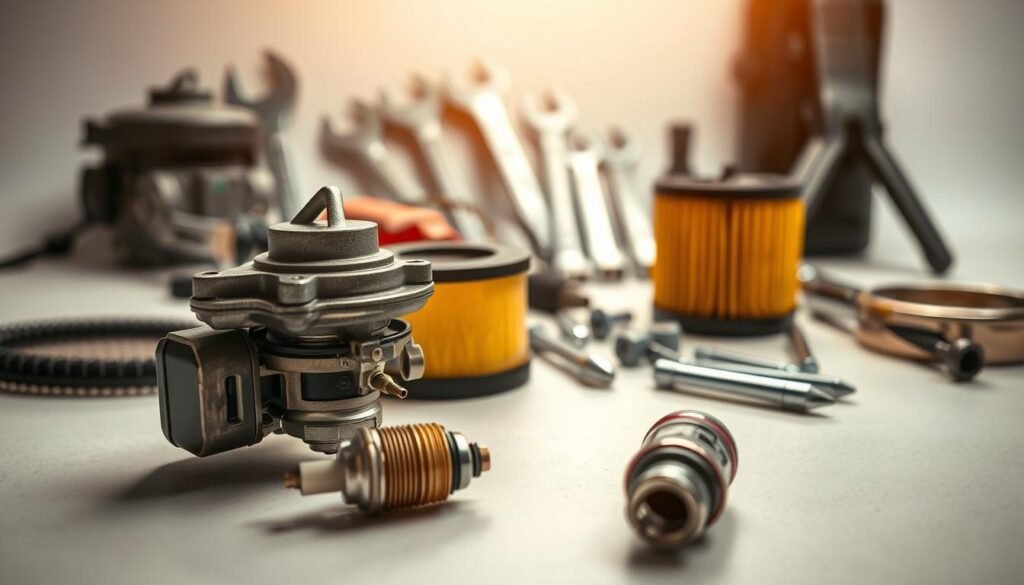 A well-lit, high-resolution close-up photograph of various lawn mower maintenance components arranged neatly on a clean, light-colored surface. The foreground features a carburetor, spark plug, air filter, and oil filter, all positioned to showcase their intricate designs and functions. The middle ground includes a set of wrenches, screwdrivers, and other tools typically used for lawn mower repairs and upkeep. The background subtly fades into a soft, out-of-focus setting, creating a professional, technical-manual-style atmosphere. The lighting is warm and natural, accentuating the textures and details of the components.