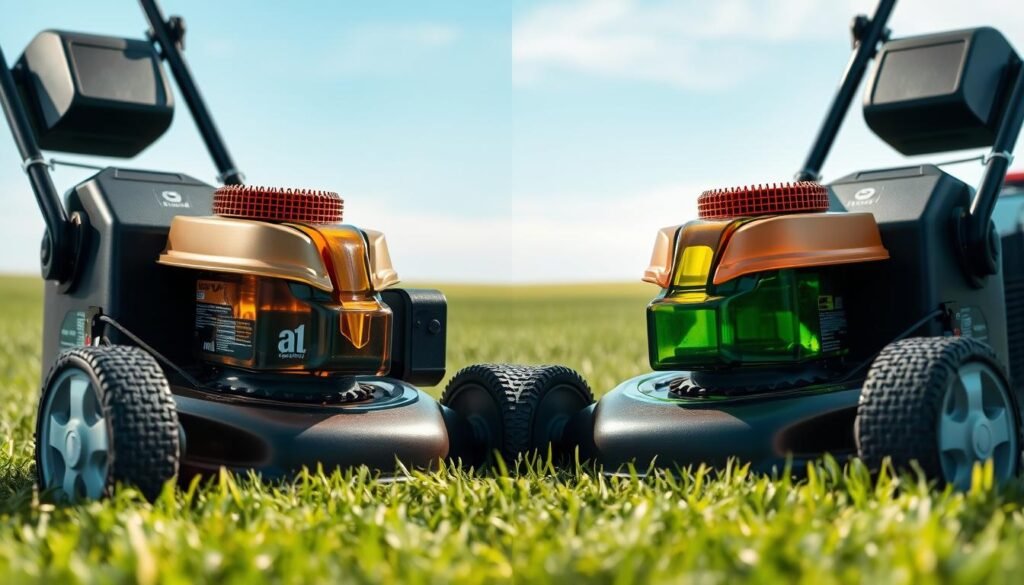 A well-lit side-by-side comparison of two identical lawn mowers, one filled with mineral-based engine oil and the other with synthetic oil. The mowers are positioned on a lush, green lawn with a clear blue sky in the background. The lighting is soft and natural, casting gentle shadows and highlights to emphasize the texture and sheen of the oils. The focus is sharp, capturing the intricate details of the mower components and the subtle differences in the viscosity and color of the two oil types. The overall mood is one of careful examination and assessment, inviting the viewer to closely inspect and compare the properties of these two lubricants.