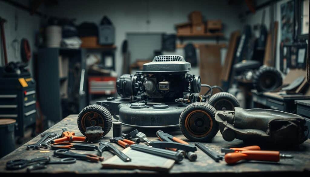 A well-lit workshop interior with a detailed lawn mower disassembled on a sturdy workbench. In the foreground, various tools like wrenches, pliers, and a repair manual are neatly arranged. The mower's components, such as the engine, air filter, and oil pan, are clearly visible, showcasing the different repair steps. Soft shadows and a slight vignette create depth and focus the viewer's attention on the central repair process. The overall mood is one of diligent problem-solving, with a sense of organized, methodical DIY work.