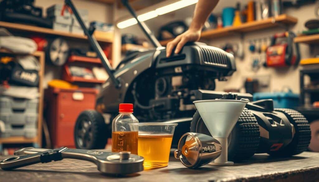 A well-lit workshop interior with a lawn mower on a workbench. In the foreground, a collection of tools and supplies for an oil change - a wrench, a container of fresh oil, and a funnel. In the middle ground, the lawn mower's engine block is visible, with a mechanic's hand reaching in to access the oil drain plug. The background shows shelves with various automotive accessories and maintenance items. The overall mood is one of focused, methodical work, with warm, golden lighting illuminating the scene. A well-lit workshop interior with a lawn mower on a workbench. In the foreground, a collection of tools and supplies for an oil change - a wrench, a container of fresh oil, and a funnel. In the middle ground, the lawn mower's engine block is visible, with a mechanic's hand reaching in to access the oil drain plug. The background shows shelves with various automotive accessories and maintenance items. The overall mood is one of focused, methodical work, with warm, golden lighting illuminating the scene.