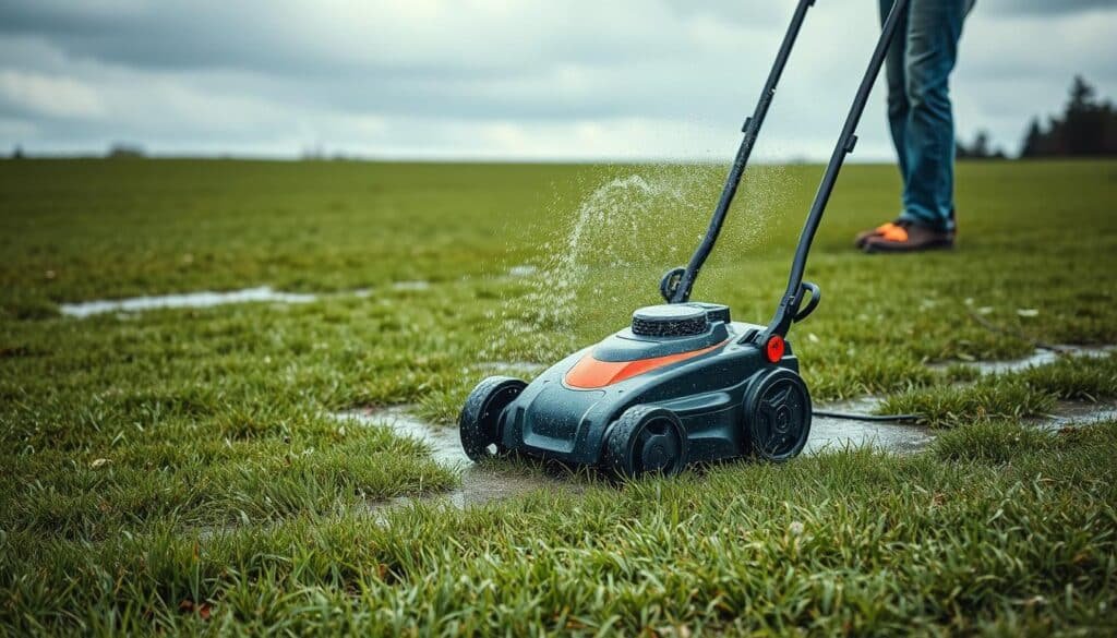 A wet grass field under an overcast sky, with a person mowing a lawn using a push-style electric lawn mower. The mower's power cord dangles precariously, posing an electrocution risk. Water puddles dot the ground, creating slippery conditions. The mower's blades kick up sprays of water, reducing visibility and creating a hazardous environment. In the foreground, the mower's wheels struggle to gain traction, heightening the risk of losing control. A sense of danger and poor judgment pervades the scene, illustrating the safety risks of mowing wet grass. A wet grass field under an overcast sky, with a person mowing a lawn using a push-style electric lawn mower. The mower's power cord dangles precariously, posing an electrocution risk. Water puddles dot the ground, creating slippery conditions. The mower's blades kick up sprays of water, reducing visibility and creating a hazardous environment. In the foreground, the mower's wheels struggle to gain traction, heightening the risk of losing control. A sense of danger and poor judgment pervades the scene, illustrating the safety risks of mowing wet grass.