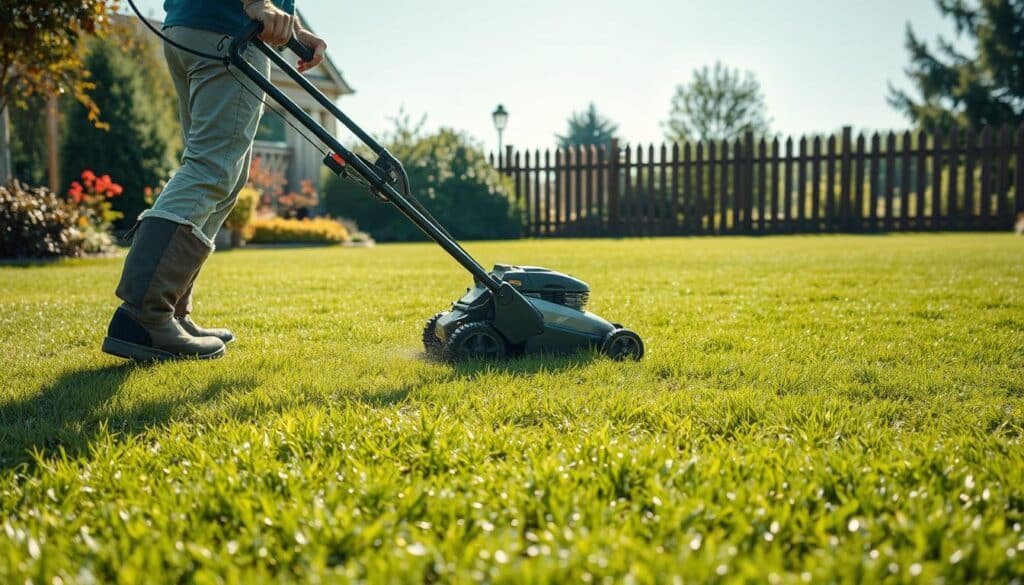 A wide, sun-dappled lawn stretches out, the grass glistening with morning dew. A person in protective gear, including non-slip boots and a wide-brimmed hat, carefully maneuvers a modern, energy-efficient lawn mower across the damp surface, leaving a neatly trimmed, uniform swathe in its wake. The mower's blades are set to a higher-than-usual height, and the person's movements are slow and deliberate, mindful of the slippery conditions. In the background, a well-maintained garden and a picturesque wooden fence frame the scene, conveying a sense of order and attention to detail. The overall mood is one of safety, care, and responsible lawn maintenance. A wide, sun-dappled lawn stretches out, the grass glistening with morning dew. A person in protective gear, including non-slip boots and a wide-brimmed hat, carefully maneuvers a modern, energy-efficient lawn mower across the damp surface, leaving a neatly trimmed, uniform swathe in its wake. The mower's blades are set to a higher-than-usual height, and the person's movements are slow and deliberate, mindful of the slippery conditions. In the background, a well-maintained garden and a picturesque wooden fence frame the scene, conveying a sense of order and attention to detail. The overall mood is one of safety, care, and responsible lawn maintenance.