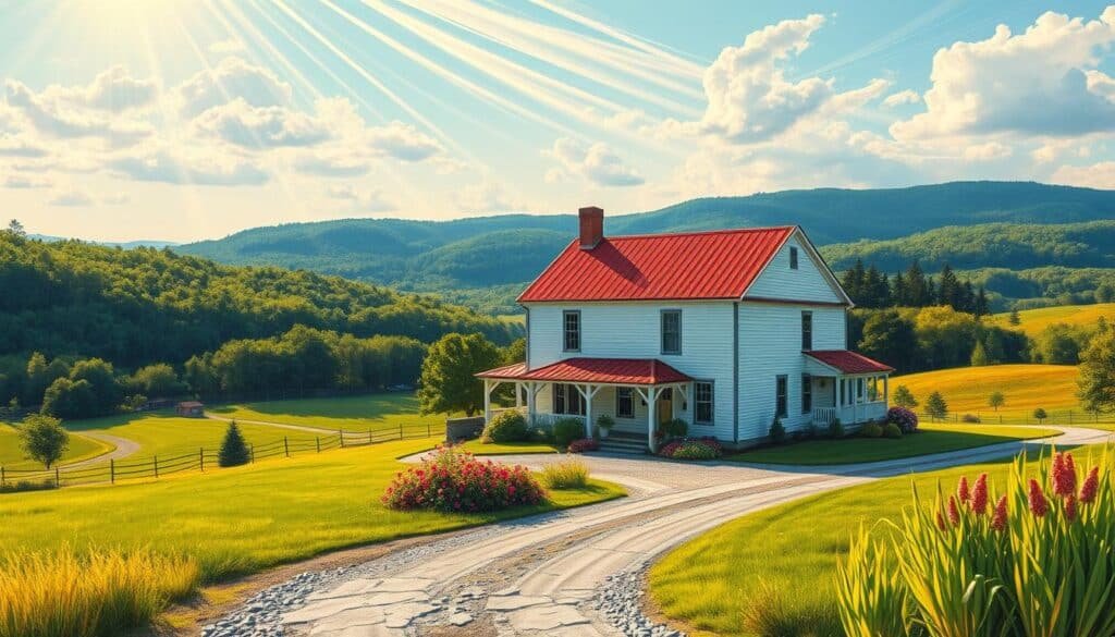 An idyllic New England landscape, featuring the headquarters of High Mowing Seeds in Wolcott, Vermont. A charming two-story farmhouse nestled amidst rolling hills, surrounded by lush green fields and a backdrop of verdant forests. The building's white clapboard siding and red tin roof reflect the quintessential Vermont architectural style. A gravel driveway leads to the entrance, flanked by neatly tended gardens bursting with colorful blooms. Warm, golden sunlight filters through wispy clouds, casting a serene glow over the scene. The overall atmosphere conveys a sense of tranquility, showcasing the rural setting where High Mowing Seeds has operated for decades, providing high-quality organic and heirloom seeds to gardeners and farmers.