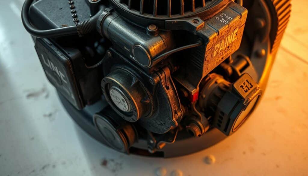 Close-up of a damaged lawn mower engine with worn, discolored parts, exposed metal components, and visible signs of wear and tear. The engine is positioned on a clean, flat surface, illuminated by warm, directional lighting that casts dramatic shadows, highlighting the intricate details and textures. The overall mood is one of cautionary technical examination, inviting the viewer to observe the consequences of using the wrong oil in a lawn mower engine. Close-up of a damaged lawn mower engine with worn, discolored parts, exposed metal components, and visible signs of wear and tear. The engine is positioned on a clean, flat surface, illuminated by warm, directional lighting that casts dramatic shadows, highlighting the intricate details and textures. The overall mood is one of cautionary technical examination, inviting the viewer to observe the consequences of using the wrong oil in a lawn mower engine.