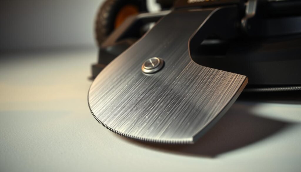 Detailed close-up of a sharp, gleaming mower blade being carefully maintained. Crisp, metallic sheen under warm studio lighting, highlighting the blade's keen edge and intricate serrated teeth. The blade is positioned at a slight diagonal, showcasing its precise geometry and perfect balance. The background is a clean, neutral surface, allowing the blade to be the central focus. Subtle hints of the mower's housing can be seen in the periphery, suggesting the larger context of proper lawn mower upkeep. The overall mood is one of careful attention to detail and preparation for the task ahead.