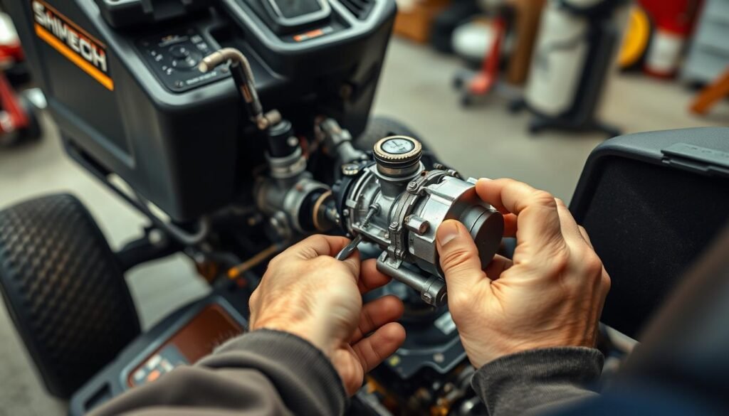 A close-up view of a mechanic's hands meticulously disassembling and inspecting the carburetor of a riding lawn mower, set against a clean, well-lit workshop backdrop. The carburetor's intricate components are visible, with the focus on the mechanic's skilled manipulation of tools to clean and maintain the delicate mechanism. The image conveys a sense of attention to detail and the importance of proper maintenance for optimal lawn mower performance. A close-up view of a mechanic's hands meticulously disassembling and inspecting the carburetor of a riding lawn mower, set against a clean, well-lit workshop backdrop. The carburetor's intricate components are visible, with the focus on the mechanic's skilled manipulation of tools to clean and maintain the delicate mechanism. The image conveys a sense of attention to detail and the importance of proper maintenance for optimal lawn mower performance.