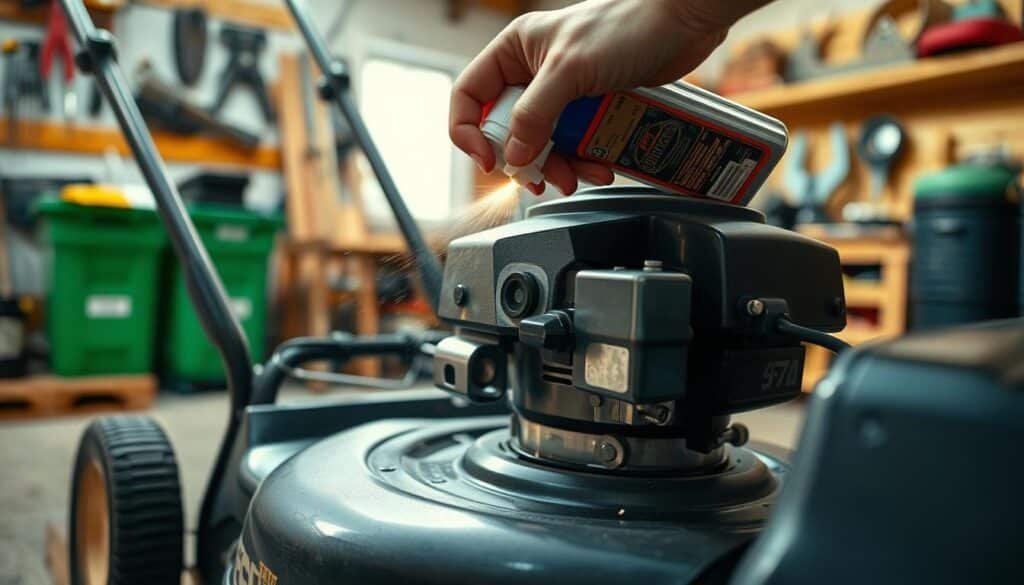 A close-up view of a person's hands spraying carburetor cleaner into the air intake of a lawn mower engine. The mower is placed on a wooden workbench in a well-lit garage, with tools and equipment visible in the background. The scene is captured with a shallow depth of field, creating a soft, blurred background that draws the eye to the detailed action in the foreground. The lighting is warm and natural, casting subtle shadows and highlights on the metal and plastic components of the mower. The overall mood is one of focused DIY maintenance, with a sense of care and attention to detail. A close-up view of a person's hands spraying carburetor cleaner into the air intake of a lawn mower engine. The mower is placed on a wooden workbench in a well-lit garage, with tools and equipment visible in the background. The scene is captured with a shallow depth of field, creating a soft, blurred background that draws the eye to the detailed action in the foreground. The lighting is warm and natural, casting subtle shadows and highlights on the metal and plastic components of the mower. The overall mood is one of focused DIY maintenance, with a sense of care and attention to detail.