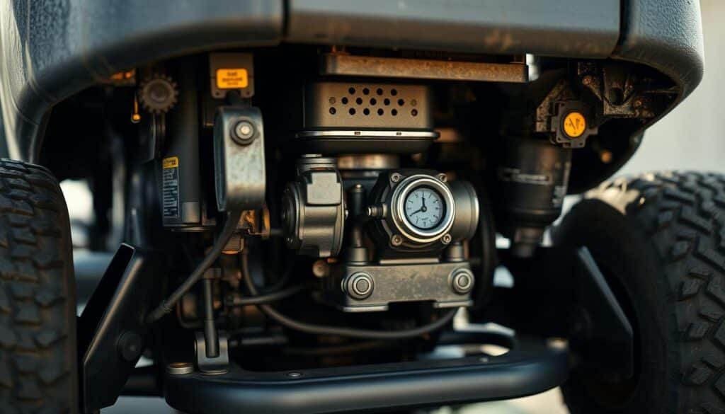 A detailed close-up view of the underside of a riding lawn mower, showcasing the carburetor location behind the air filter. The mower is tilted to the side, providing a clear unobstructed view of the carburetor assembly. The image is lit from the side, casting soft shadows and highlights that accentuate the mechanical components. The focus is sharp on the carburetor and its immediate surroundings, with a slightly blurred background to draw the eye. The overall mood is one of technical precision and clarity, allowing the viewer to easily identify and understand the carburetor's position within the mower's engine compartment. A detailed close-up view of the underside of a riding lawn mower, showcasing the carburetor location behind the air filter. The mower is tilted to the side, providing a clear unobstructed view of the carburetor assembly. The image is lit from the side, casting soft shadows and highlights that accentuate the mechanical components. The focus is sharp on the carburetor and its immediate surroundings, with a slightly blurred background to draw the eye. The overall mood is one of technical precision and clarity, allowing the viewer to easily identify and understand the carburetor's position within the mower's engine compartment.