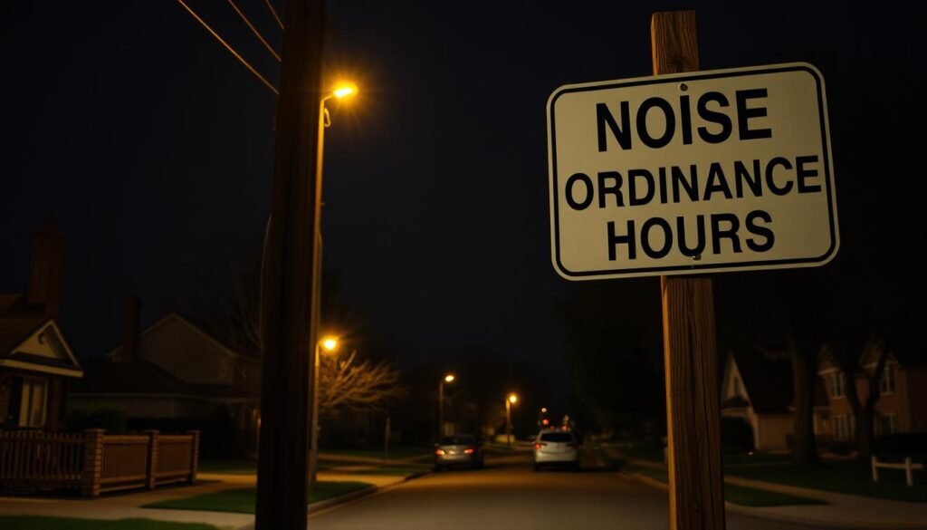 A dimly lit suburban street at night, with a large sign prominently displayed on a wooden post, illuminated by a warm streetlamp. The sign features bold text reading "NOISE ORDINANCE HOURS" against a muted background, conveying a sense of authority and community guidelines. The scene is captured from a slightly elevated angle, creating a sense of formal documentation. The overall atmosphere is one of tranquility and attention to local regulations, setting the stage for understanding the importance of respecting social standards in the neighborhood.