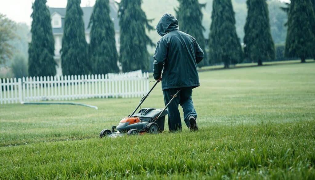 A lush lawn, freshly dampened by an early morning drizzle, as a figure in a hooded rain jacket meticulously guides a lawn mower through the verdant blades. Soft, diffused natural light filters through the overcast sky, casting a moody, atmospheric glow over the scene. The mower's blades glisten with droplets, leaving behind a trail of neatly trimmed, slightly damp grass. In the middle ground, a garden hose snakes across the ground, highlighting the contrast between the wet and dry areas of the lawn. In the background, a picket fence and a row of tall, swaying trees set the pastoral scene. The overall mood is one of a tranquil, contemplative moment, where the rhythm of lawn mowing provides a sense of order and purpose amidst the natural elements. A lush lawn, freshly dampened by an early morning drizzle, as a figure in a hooded rain jacket meticulously guides a lawn mower through the verdant blades. Soft, diffused natural light filters through the overcast sky, casting a moody, atmospheric glow over the scene. The mower's blades glisten with droplets, leaving behind a trail of neatly trimmed, slightly damp grass. In the middle ground, a garden hose snakes across the ground, highlighting the contrast between the wet and dry areas of the lawn. In the background, a picket fence and a row of tall, swaying trees set the pastoral scene. The overall mood is one of a tranquil, contemplative moment, where the rhythm of lawn mowing provides a sense of order and purpose amidst the natural elements.