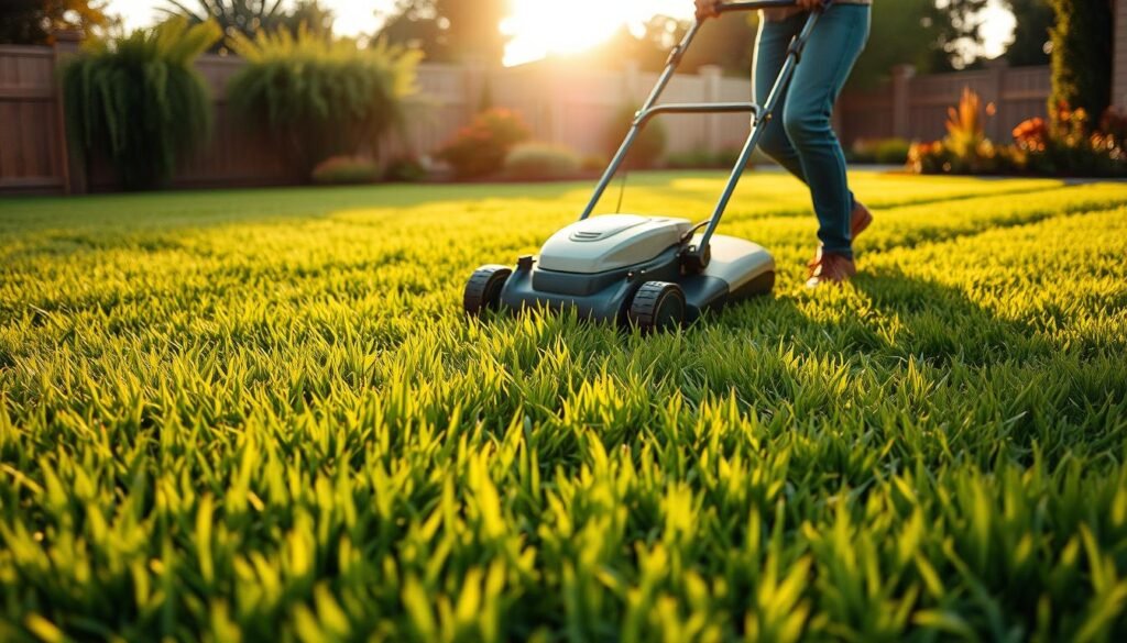 A lush, verdant lawn in the foreground, freshly mowed with precision, showcasing the best techniques for maintaining a healthy new grass surface. In the middle ground, a gardener carefully guiding a modern, eco-friendly lawn mower, meticulously following recommended mowing patterns and heights. The background features a warm, golden-hour lighting, casting a gentle glow over the well-manicured landscape, underscoring the care and attention required for a thriving new lawn. The scene exudes a sense of tranquility and accomplishment, inspiring the viewer to adopt smart mowing strategies for their own flourishing outdoor space.