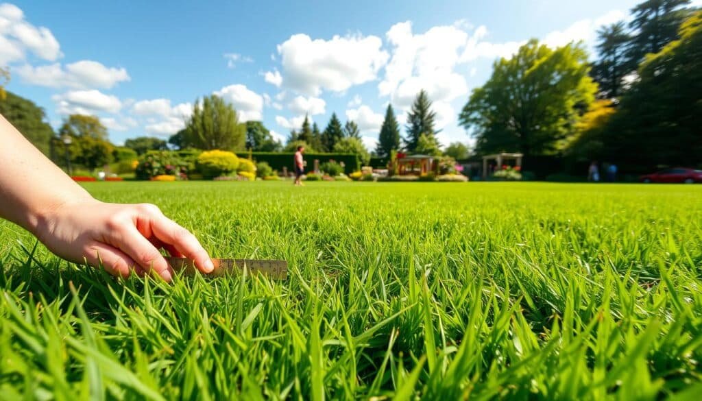 A lush, verdant lawn on a bright, sunny day. In the foreground, a person kneels down, gently running their fingers through the soft, emerald blades of grass, carefully measuring the height with a small ruler. The middle ground showcases the seamless transition from the manicured lawn to the surrounding garden, filled with vibrant flowers and towering trees. In the background, a picturesque blue sky dotted with fluffy white clouds, creating a peaceful, idyllic atmosphere. Warm, natural lighting casts a gentle glow, accentuating the textures and colors of the scene. Captured with a wide-angle lens, the composition invites the viewer to fully immerse themselves in the serene, tranquil setting.