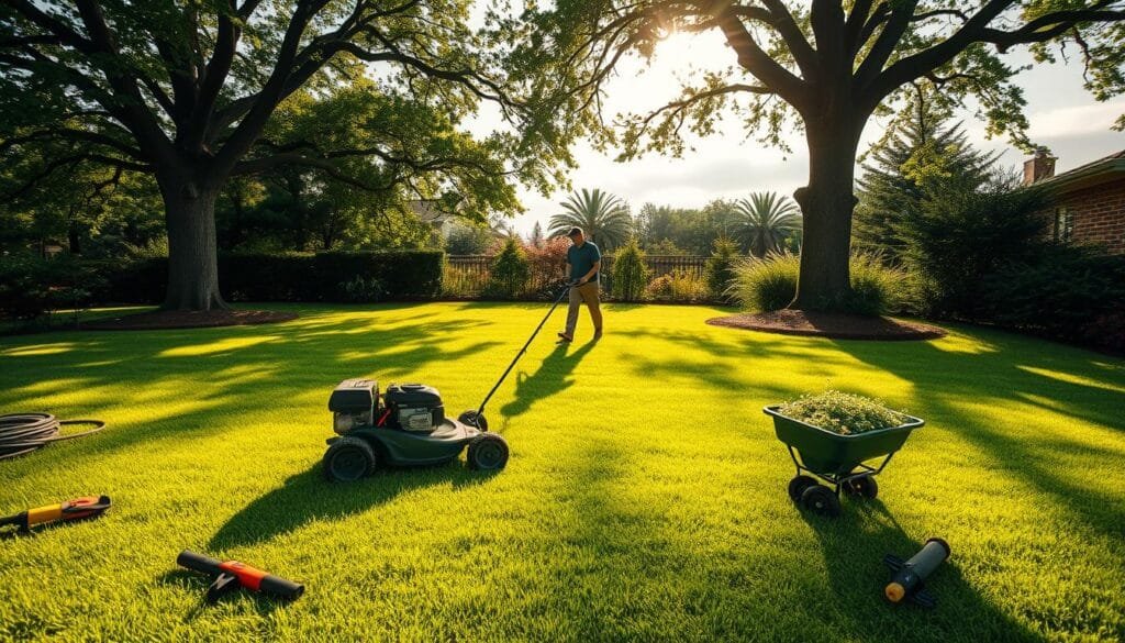 A lush, verdant lawn with meticulously manicured grass, illuminated by warm, golden sunlight filtering through wispy clouds. In the foreground, a sturdy, gas-powered lawn mower glides effortlessly across the vibrant green expanse, leaving behind clean, straight lines. Scattered around are various lawn care tools - a hand-held trimmer, a garden hose, and a spreader filled with lush, nutrient-rich fertilizer. In the middle ground, a skilled gardener in casual attire carefully tends to the edges, ensuring a seamless, uniform appearance. Towering shade trees frame the scene, casting dappled shadows that dance across the well-maintained lawn, creating a serene, tranquil atmosphere.