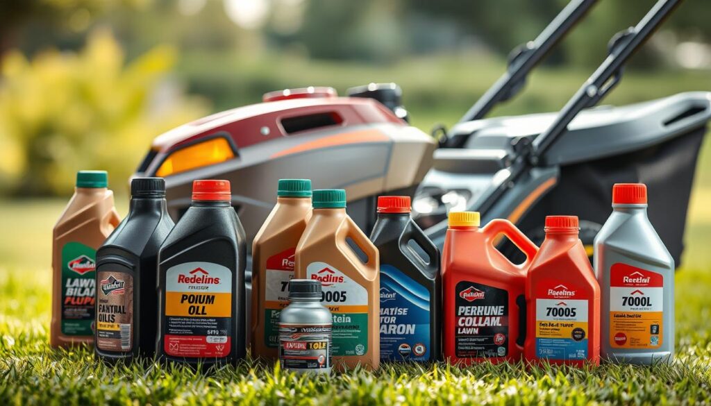 A meticulously arranged still life depicting various types of lawn mower oil. In the foreground, an array of oil bottles and containers, each with distinct labels and colors, showcasing the different viscosities and formulations. The middle ground features a well-maintained lawn mower, glistening under soft, natural lighting, hinting at the importance of using the proper oil. The background is a softly blurred, serene outdoor setting, evoking the peaceful ambiance of a well-cared-for lawn. The overall composition conveys a sense of expertise and attention to detail, perfectly suited to illustrate the "What Type of Oil Does Your Lawn Mower Take?" article section.