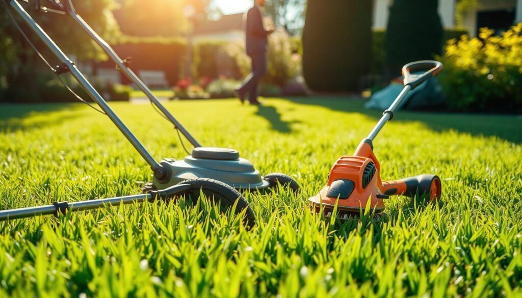 A meticulously manicured lawn, its verdant blades glistening under the warm afternoon sun. In the foreground, an array of lawn mowing tools - a sleek push mower, a sturdy edger, and a well-oiled trimmer - symbolizing the various factors that contribute to the cost of lawn maintenance. In the middle ground, a homeowner contemplates the task at hand, considering the size of the yard, the frequency of mowing, and the desired level of lawn care. The background features a lush garden, hinting at the aesthetic value a well-maintained lawn can add to a property. The scene is captured through a wide-angle lens, conveying a sense of balance and harmony between the practical and the aspirational aspects of lawn mowing.