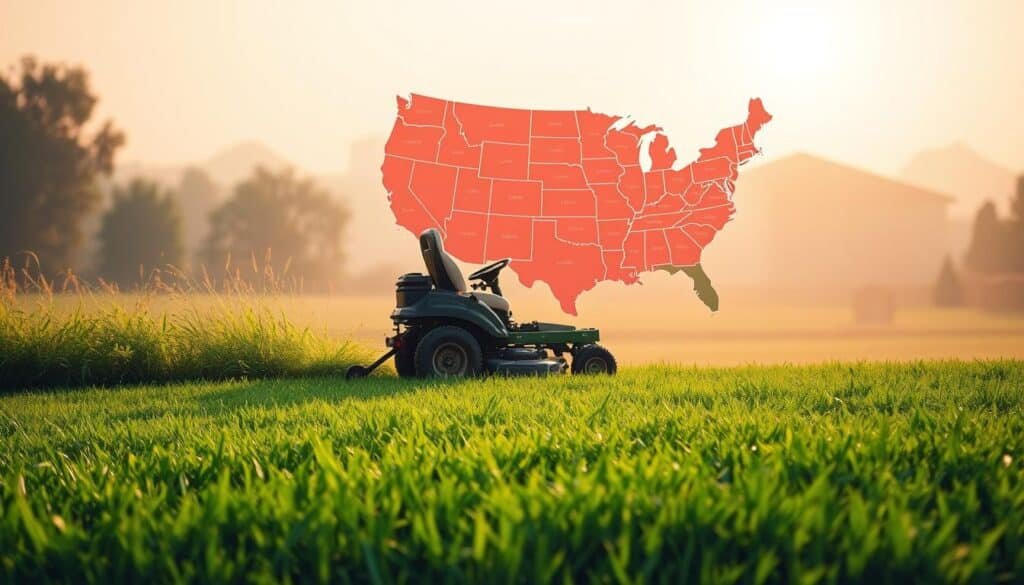 A vibrant, detailed infographic depicting the pricing trends for lawn mowing services across the United States. In the foreground, a lush green lawn stretches out, with a riding lawn mower cutting through the grass. The mower casts dynamic shadows, creating a sense of movement and realism. In the middle ground, a map of the United States is displayed, with various regions highlighted to showcase the regional variations in lawn mowing prices. The map is rendered in a clean, modern style, using a color palette that complements the natural tones of the lawn. In the background, a soft, hazy skyline provides a sense of depth and atmosphere, with the warm glow of the sun illuminating the scene. The overall composition is balanced and visually engaging, effectively communicating the key insights about lawn mowing pricing trends across different locations.