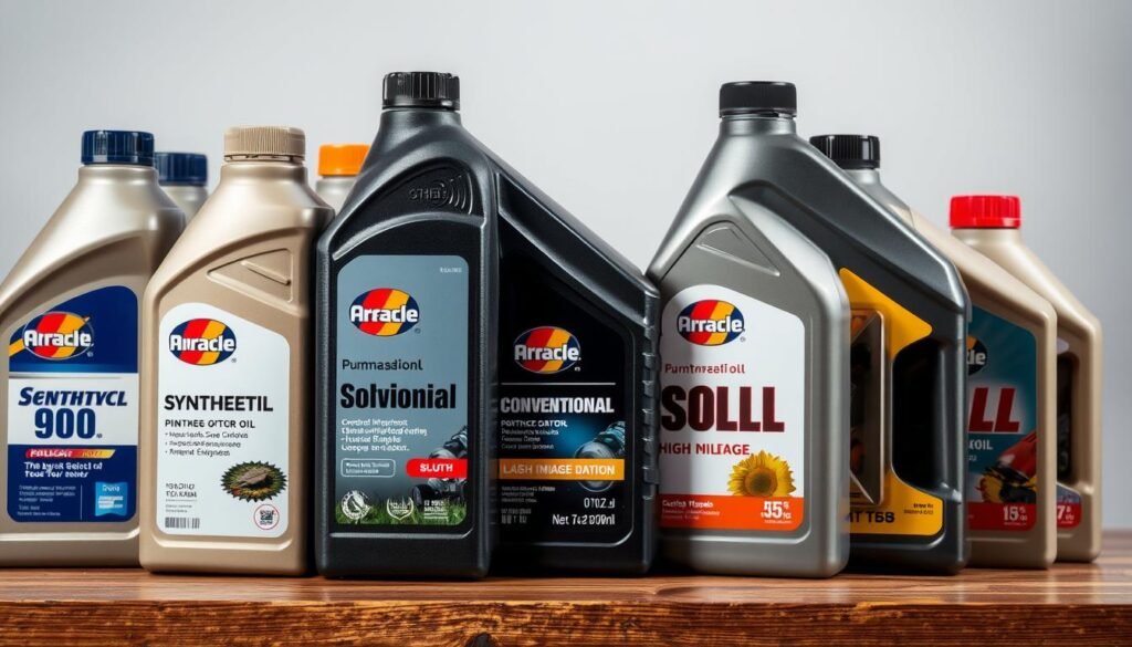 A well-lit close-up of various motor oil bottles, including synthetic, conventional, and high-mileage options, arranged in a row on a wooden surface. The bottles are depicted with clear labels, allowing the viewer to easily discern the different oil types. The lighting is soft and evenly distributed, highlighting the textures and colors of the bottles. The background is a neutral, slightly blurred, allowing the oils to be the focal point. The overall composition conveys a sense of comparison and analysis, guiding the viewer to consider the nuances between the different oil options for a push mower. A well-lit close-up of various motor oil bottles, including synthetic, conventional, and high-mileage options, arranged in a row on a wooden surface. The bottles are depicted with clear labels, allowing the viewer to easily discern the different oil types. The lighting is soft and evenly distributed, highlighting the textures and colors of the bottles. The background is a neutral, slightly blurred, allowing the oils to be the focal point. The overall composition conveys a sense of comparison and analysis, guiding the viewer to consider the nuances between the different oil options for a push mower.